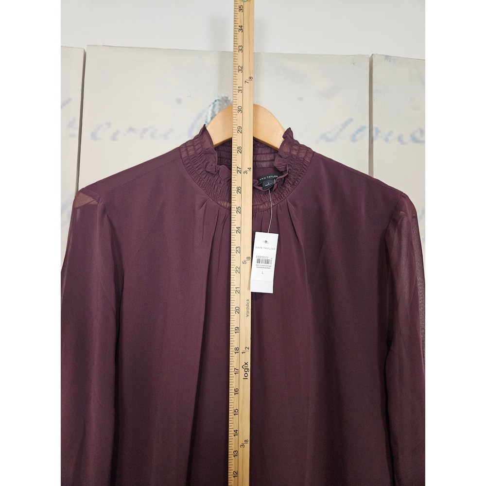NWT Ann Taylor Blouse Size L Burgundy Smocked Mock Neck Ruffle Sheer Sleeve - Picture 7 of 8